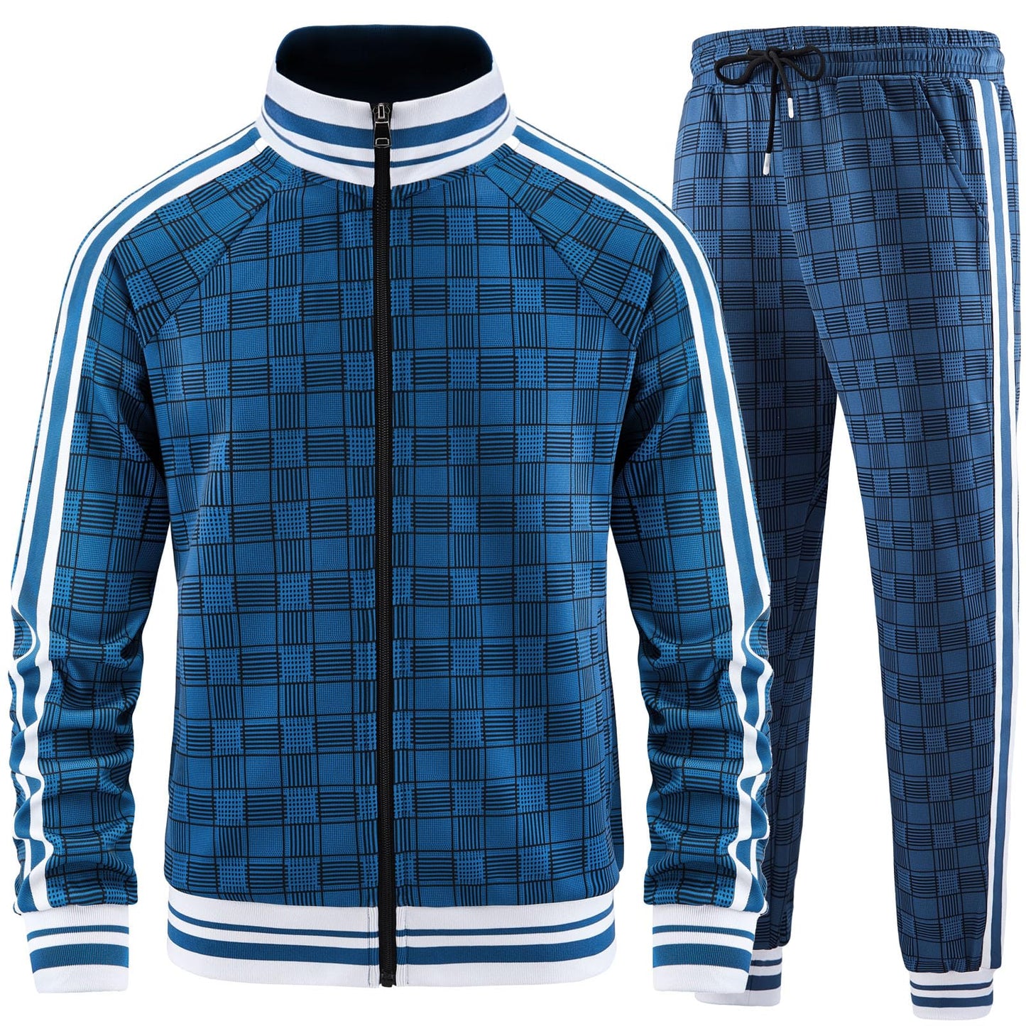 Men Tracksuits Full-zip Long Sleeve Plaid Track Jackets and Pants 2 Piece
