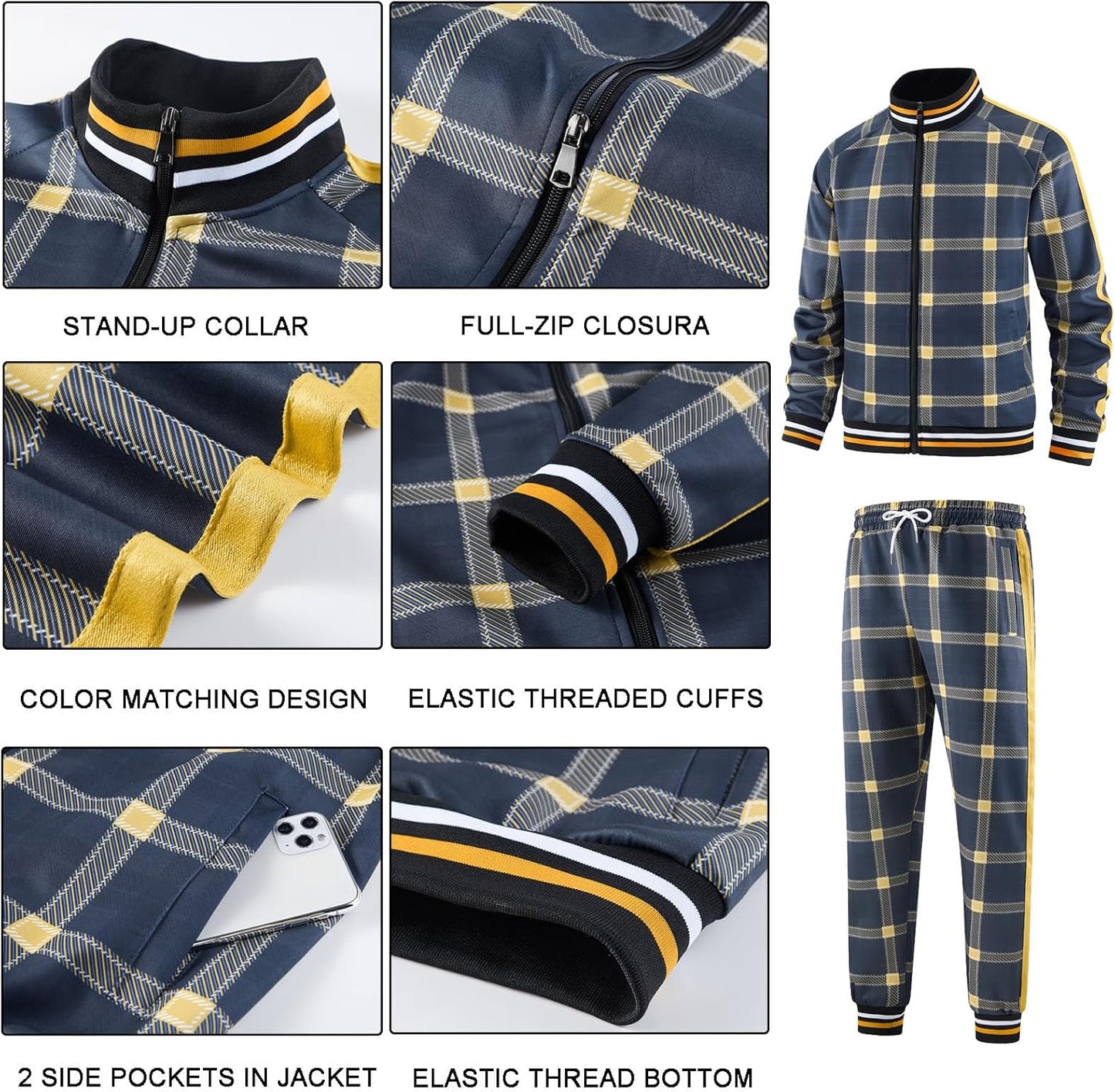 Men Tracksuits Full-zip Long Sleeve Plaid Track Jackets and Pants 2 Piece