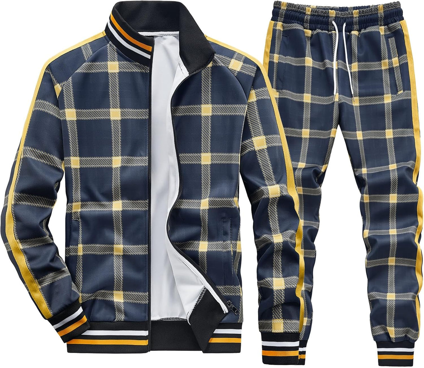 Men Tracksuits Full-zip Long Sleeve Plaid Track Jackets and Pants 2 Piece