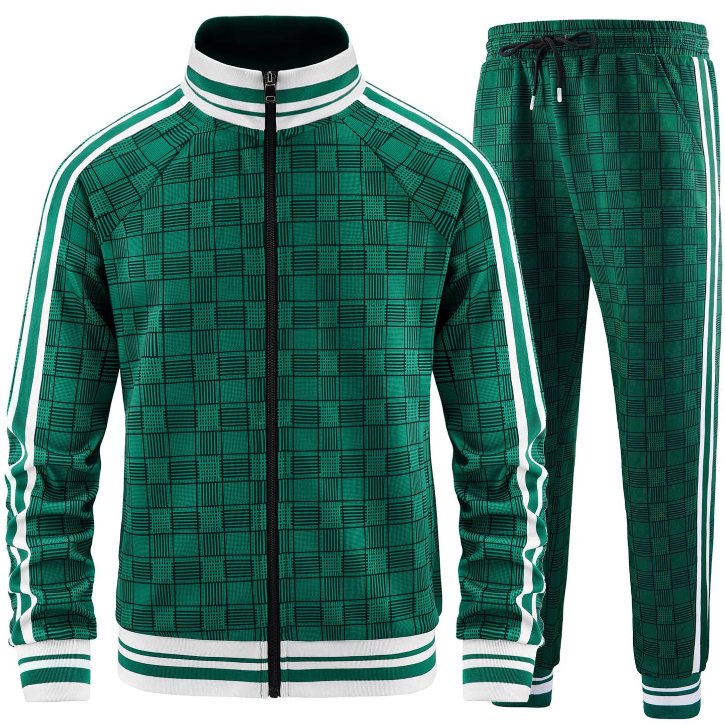 Men Tracksuits Full-zip Long Sleeve Plaid Track Jackets and Pants 2 Piece