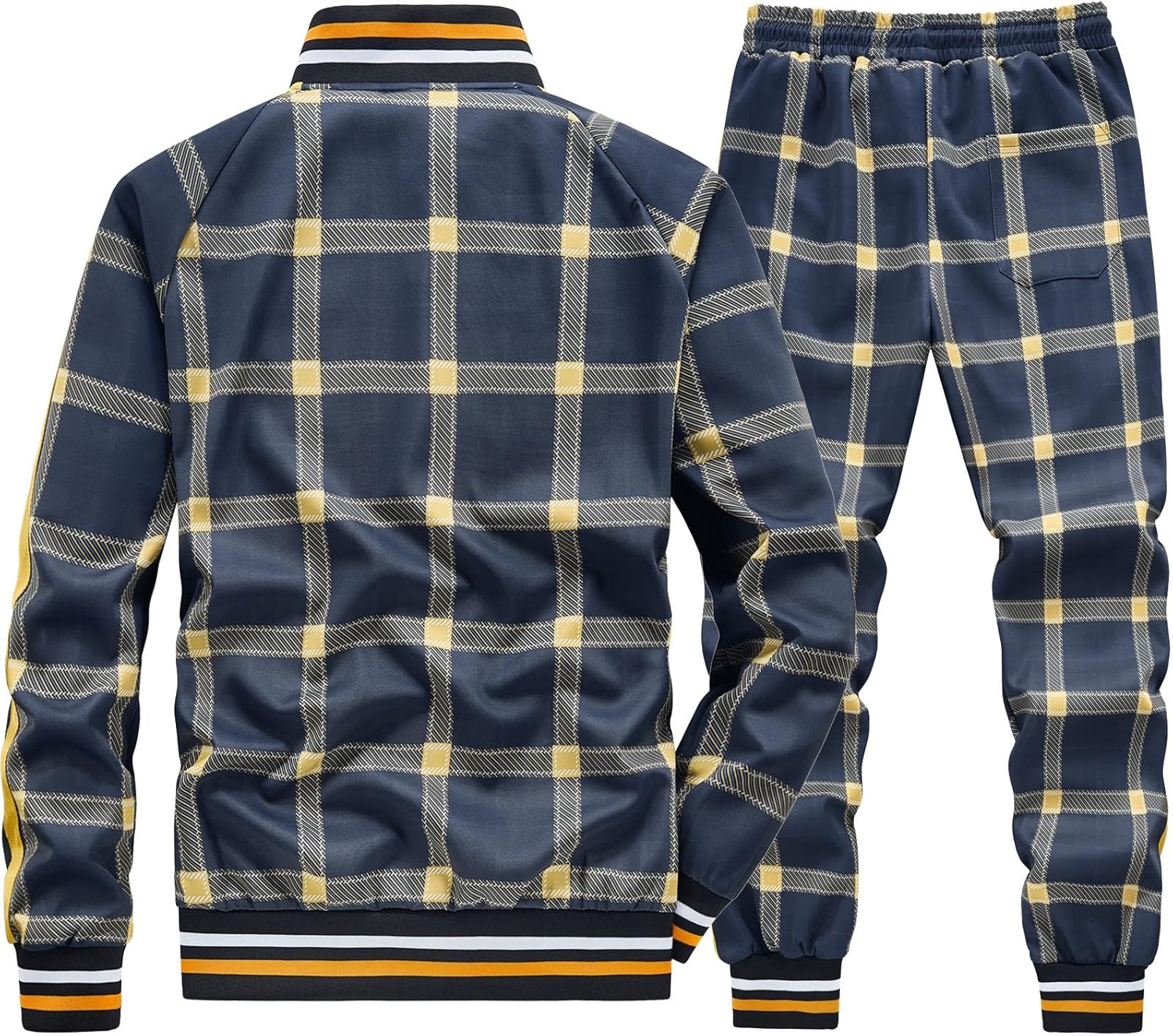 Men Tracksuits Full-zip Long Sleeve Plaid Track Jackets and Pants 2 Piece