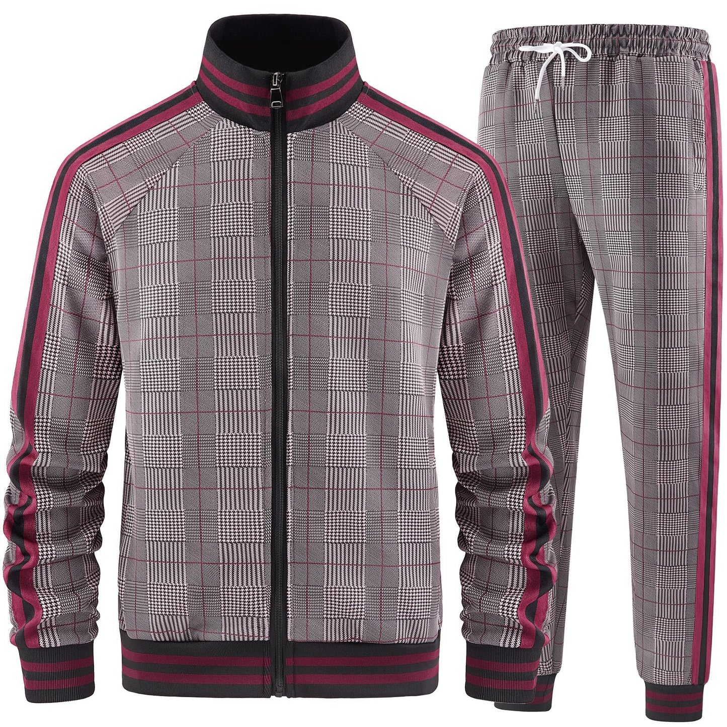 Men Tracksuits Full-zip Long Sleeve Plaid Track Jackets and Pants 2 Piece