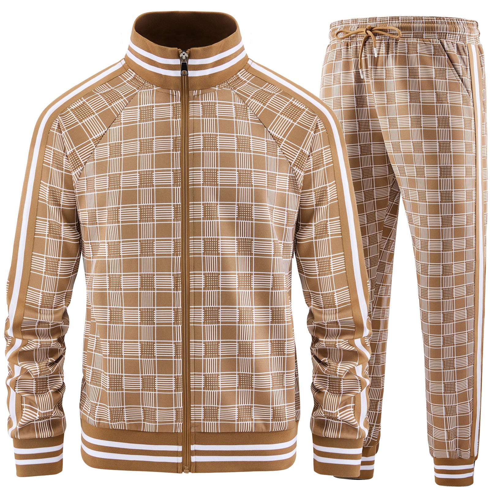 Men Tracksuits Full-zip Long Sleeve Plaid Track Jackets and Pants 2 Piece